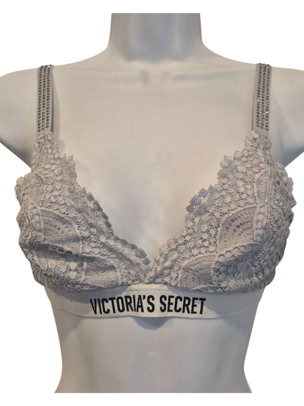 Victoria's Secret Grey Lace Bralette Rhinestone Straps Logo Size M/L Festival